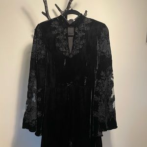 Parker Velvet High Neck Keyhole Lace Sleeve Embroidered Dress